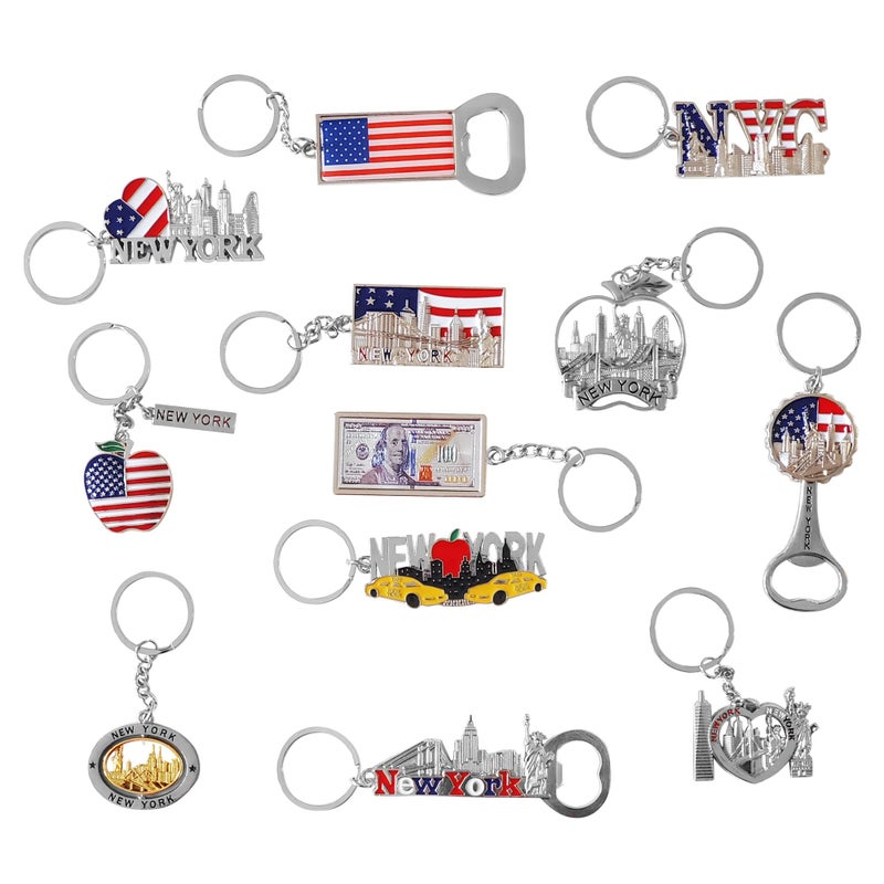 Spark 12-Pack New York City Souvenir Keychains â€“ 3D Silver Metal NYC Landmark Set with Statue of Liberty, Empire State Building, Freedom Tower, Taxi Cab, USA Flag & Bottle Openers - Image 1